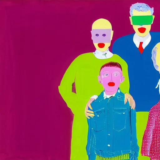 Prompt: A typical suburban family, who are hiding deep and dark secrets, Pop Art painting by David Hockney