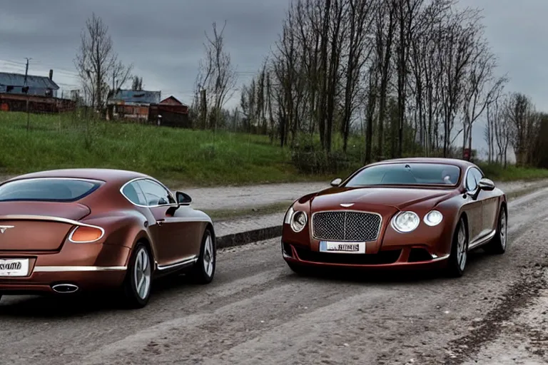 Image similar to modern rusty Bentley Continental GT drives along the road of an old Russian village with houses at the edges