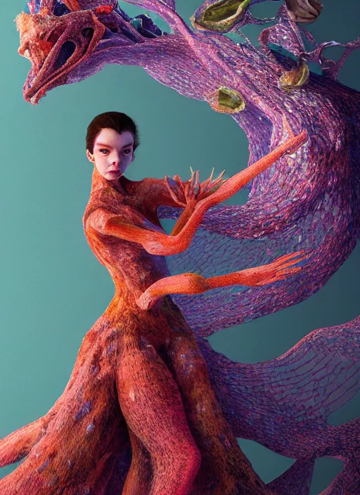 Image similar to hyper detailed 3d render like a Oil painting - very coherent Concrete profile (a beautiful fae princess protective playful expressive acrobatic from dark crystal that looks like Anya Taylor-Joy) seen red carpet photoshoot in UVIVF posing in scaly dress to Eat of the Strangling network of yellowcake aerochrome and milky Fruit and His delicate Hands hold of gossamer polyp blossoms bring iridescent fungal flowers whose spores black the foolish stars by Jacek Yerka, Ilya Kuvshinov, Mariusz Lewandowski, Houdini algorithmic generative render, golen ratio, Abstract brush strokes, Masterpiece, Victor Nizovtsev and James Gilleard, Zdzislaw Beksinski, Tom Whalen, Mark Ryden, Wolfgang Lettl, hints of Yayoi Kasuma and Dr. Seuss, Grant Wood, octane render, 8k