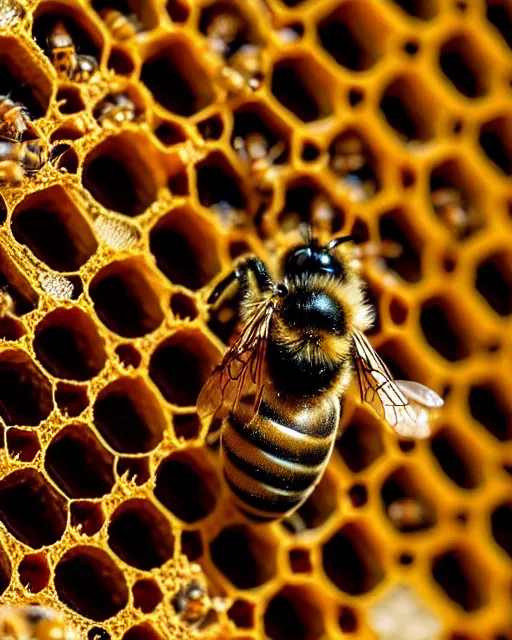 Image similar to bees on honeycomb close up bees nest, cinematic epic award winning photography of the honeybee on nest