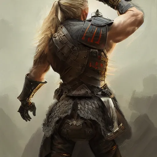 Prompt: rear side portrait of a muscular, ponytail haired blonde man with a armored left arm, wearing a brown leather coat, one side of the body scarred, looking to right, DnD, fantasy, digital art by Ruan Jia