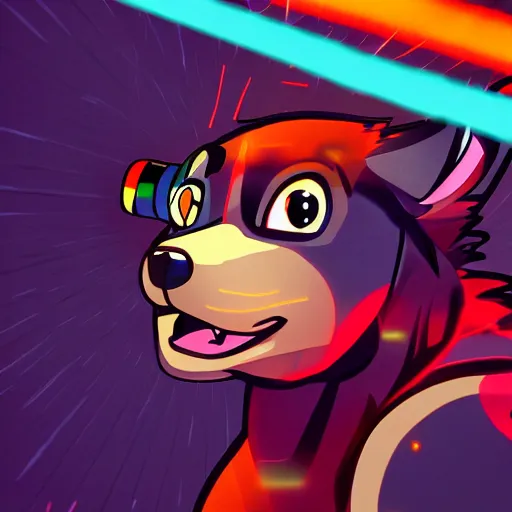 Prompt: furry anthro canine with stripes shooting electricity, hero pose, drawn, comic style, lens flare, magic effects, motion blur, chromatic aberration, detailed, 4 k