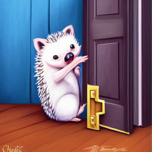 Image similar to cute adorable hedgehog opening the door, waving, smiling, cute, hedgehog, by cyril rolando