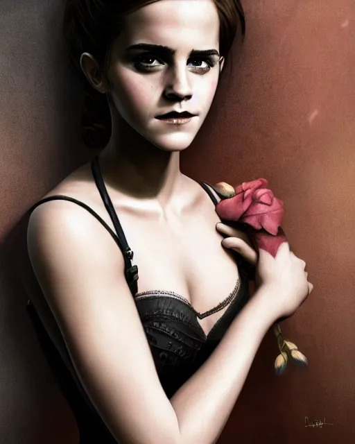 Prompt: full shot portrait painting of very beautiful emma watson standing as black maiden in revealing stockings corset noir streets, character design by mark ryden and pixar and hayao miyazaki, unreal 5, daz, hyperrealistic, octane render, cosplay, rpg portrait, dynamic lighting, intricate detail, cinematic