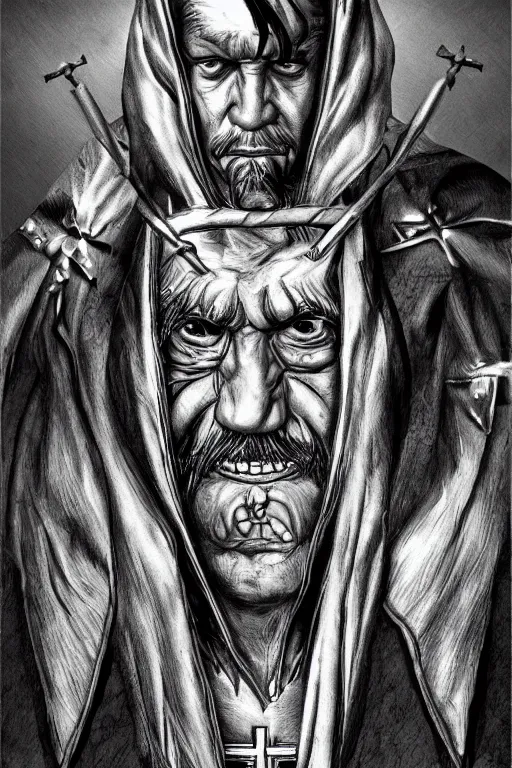 Image similar to Danny Trejo as church nun, dark fantasy, highly detailed, artstation, manga illustration by Kentaro Miura berserk