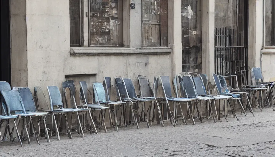 Image similar to chairs piled up on the walls of the street, hyperrealistic shaded