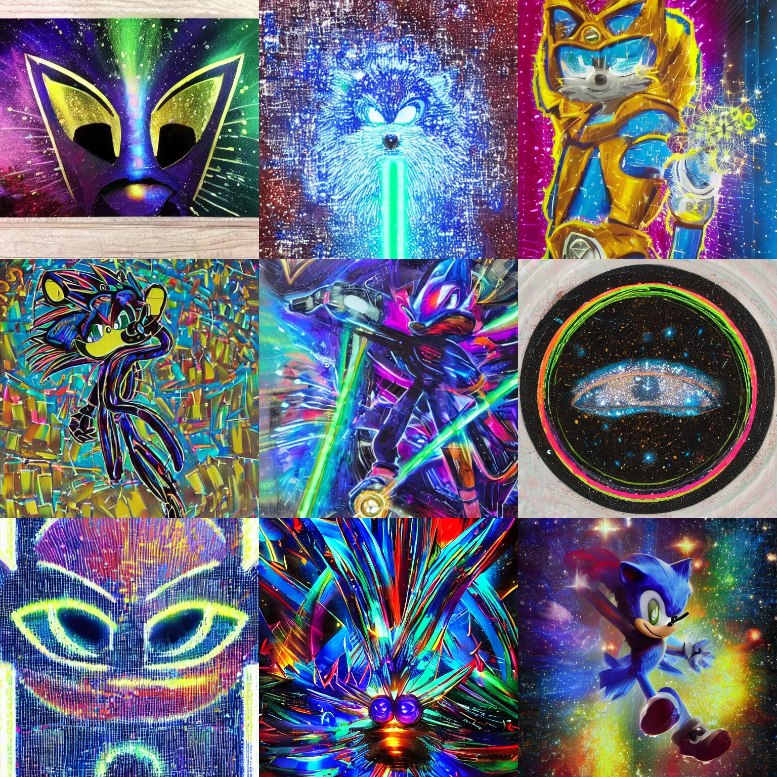 Prompt: sonic the hedgehog closeup portrait of Neon sonic the hedgehog 🌌 in metallic light trail light saber galaxies by Okuda San Miguel and kandinsky on a starry black canvas, sonic the hedgehog galaxy gas brushstrokes, metallic flecked paint, metallic flecks, glittering metal paint, sonic the hedgehog metallic paint, glossy flecks of iridescence, glow in the dark, Uv, blacklight, colorful, 8k, 4k, brush strokes, painting, highly detailed, iridescent brushed metal sonic the hedgehog