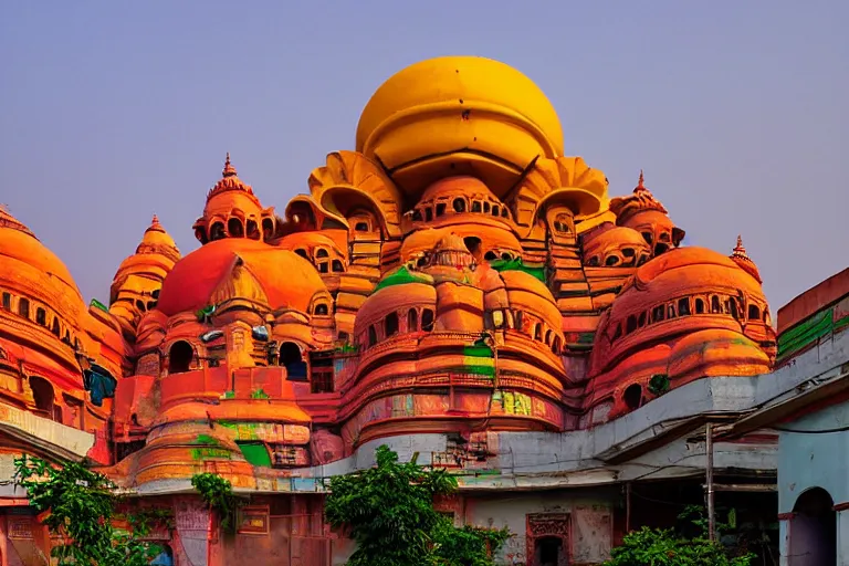 Image similar to beautiful dreamscape! biomorphic new delhi, hanuman!! head building, kalighat, octane sharp cinematic, stephen shore & john j. park, soft morning light, wide shot, high angle, uhd 8 k, shallow depth of field