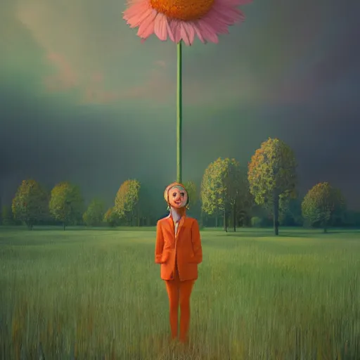 Image similar to giant daisy flower head, standing, a girl in a suit, surreal photography, sunrise, dramatic light, impressionist painting, digital painting, artstation, simon stalenhag
