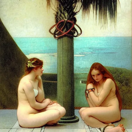 Image similar to Demon girls at the giant column, thunderstorm, greek pool, beach and palm trees on the background major arcana sky, by paul delaroche, alphonse mucha and arnold böcklin arnold böcklin hyperrealistic 8k, very detailed