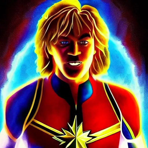 Image similar to shaggy as captain marvel, artstation hall of fame gallery, editors choice, #1 digital painting of all time, most beautiful image ever created, emotionally evocative, greatest art ever made, lifetime achievement magnum opus masterpiece, the most amazing breathtaking image with the deepest message ever painted, a thing of beauty beyond imagination or words