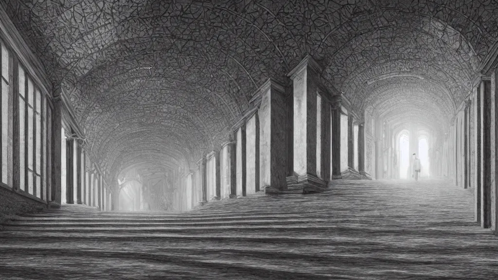 Image similar to a beautiful hyper realistic detailed matte painting of a a confusing place where the perspective is a broken concept and all the corridor and stairs will lead you to the same destination, dramatic lighting, dynamic lighting, cinematic lighting, dynamic lighting, cinematic lighting, lit by morning light, by maurits cornelis escher, black and white, featured on artstation, ultrawide angle