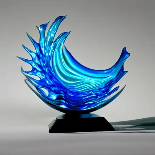 Prompt: a blown glass sculpture of a wave on a table