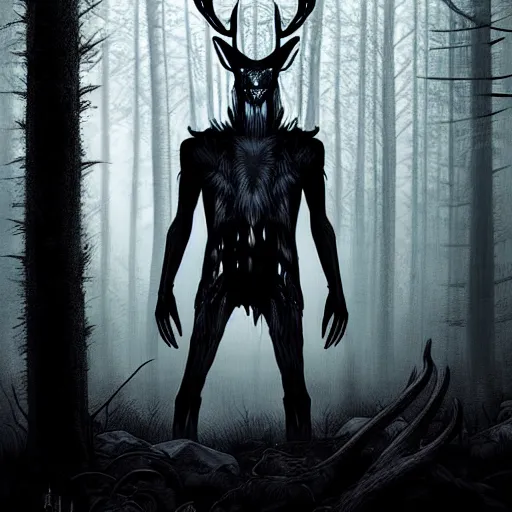 Image similar to in the style of artgerm, peter mohrbacker, rafael albuquerque, wendigo in the forest emerging from the shadows, deer skull face, antlers, fog, full moon, moody lighting, horror scary terror