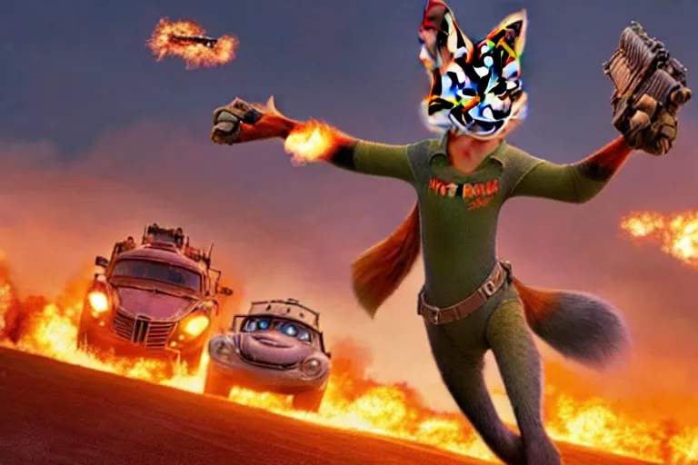 Image similar to nick wilde ( from zootopia ), heavily armed and armored facing down armageddon in a dark and gritty reboot from the makers of mad max : fury road