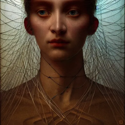 Prompt: Woman's portrait, android, Masterpiece, glass, flat background, glowing, wires everywhere, by Edgar Maxence and Ross Tran, Zdzisław Beksiński, and Michael Whelan, distant, gustav dore, H.R. Giger, 8k, octane render