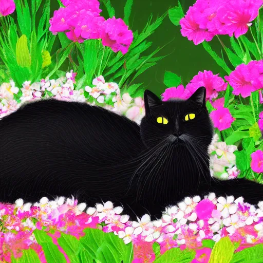 Image similar to a fat black cat with white whiskers sitting in a flower bed digital art