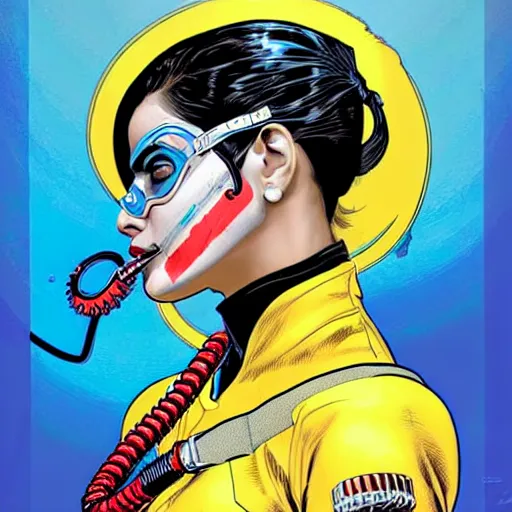 Image similar to a profile photo of a pakistani woman with a diving oxygen mask with side profile blood in ocean intricate details by MARVEL comics and Sandra Chevrier-C