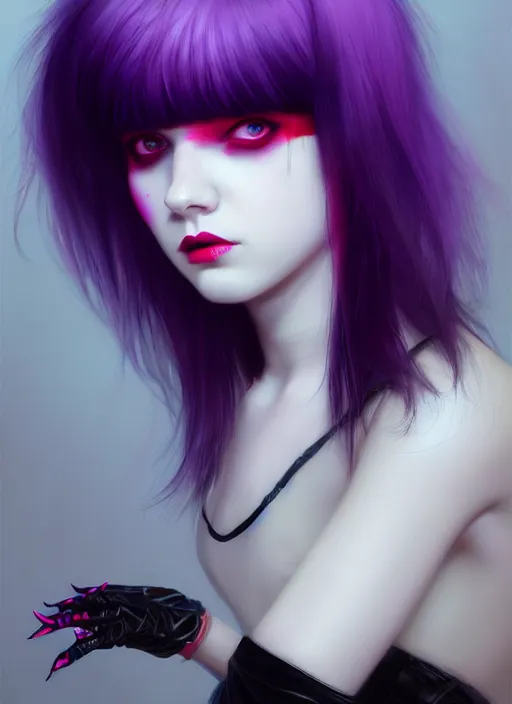 Image similar to portrait of white teenage girl, normal face, black bangs, mall goth, cyberlox, black and white hair, bangs, fluffy bangs, red contacts, purple lipstick, intricate, elegant, highly detailed, digital painting, artstation, concept art, sharp focus, smooth, illustration, art by wlop, mars ravelo and greg rutkowski