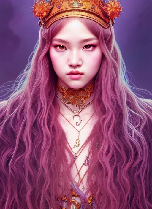 Image similar to jossi of blackpink, king, tarot card, highly detailed, digital painting, smooth, sharp focus, illustration, ultra realistic, unreal engine, 8 k, art by artgerm and alphonse mucha