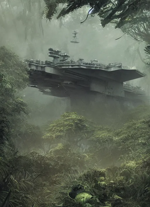 Prompt: aircraft carrier USS Nimitz overgrown with vegetation laying on the ground of a tropical forest, post appocalyptic, by Luis Royo, by Greg Rutkowski, dark, gritty, intricate, cover illustration, concept art, volumetric lighting, volumetric atmosphere, sharp focus, octane render, trending on artstation, 8k