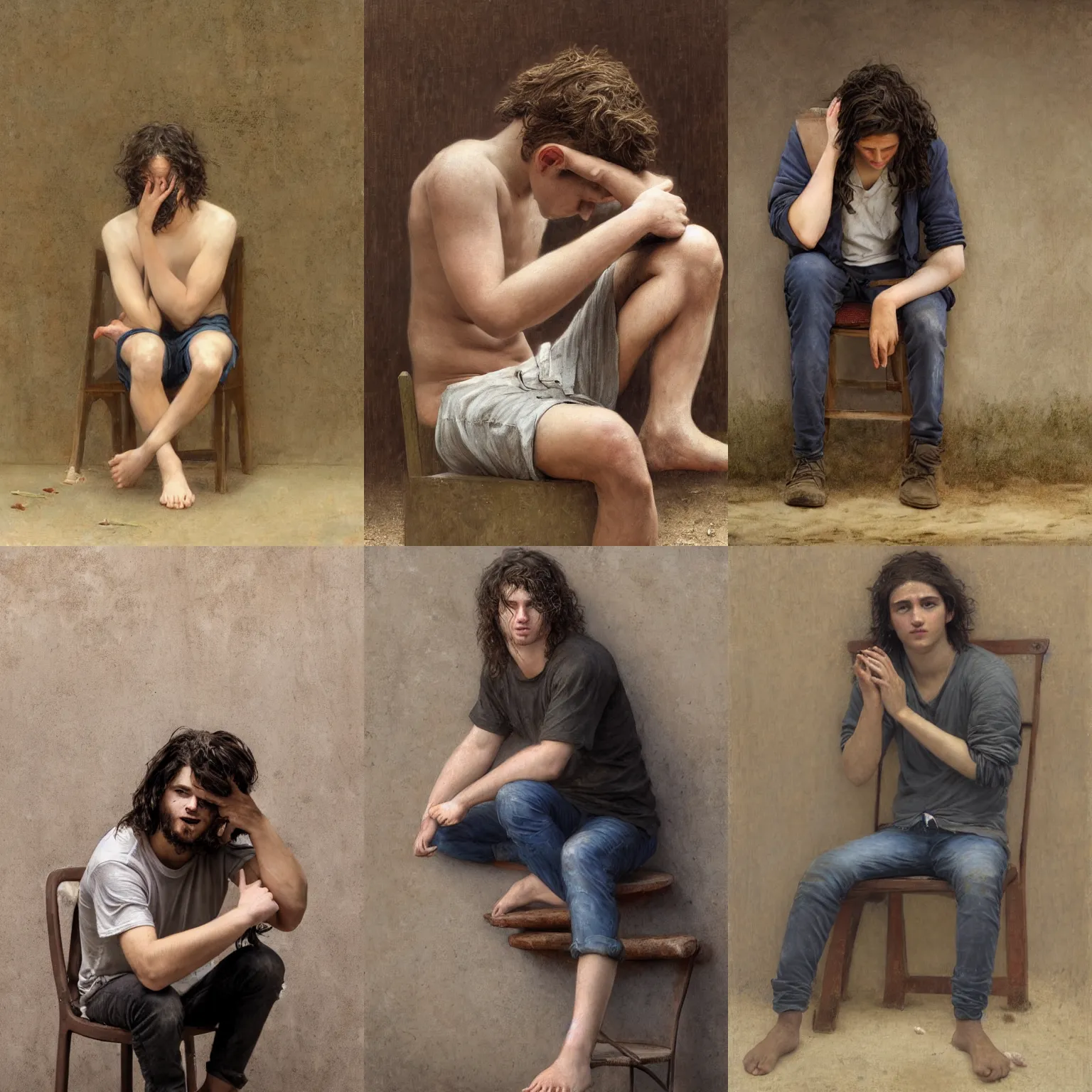 Prompt: A young man dirty wavy hair trying to cover his face and his body with both hands seated on a wood chair and a concrete wall background by Alyssa Monks, Bouguereau; Full body; desperate face expression; hyper realism, Realistic proportions, dramatic lighting, high detail 4K