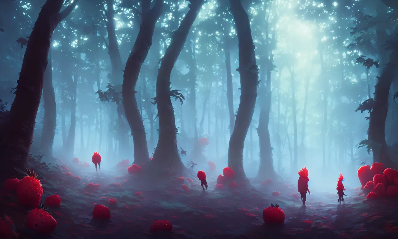 Image similar to Dark forest large strawberries, behance hd by Jesper Ejsing, by RHADS, Makoto Shinkai and Lois van baarle, ilya kuvshinov, rossdraws global illumination