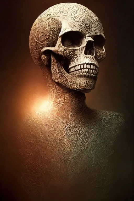 Image similar to concept art skull, the skull is decorated with art deco patterns, close - up portrait, powerfull, intricate, elegant, volumetric lighting, scenery, digital painting, highly detailed, artstation, sharp focus, illustration, concept art, ruan jia, steve mccurry