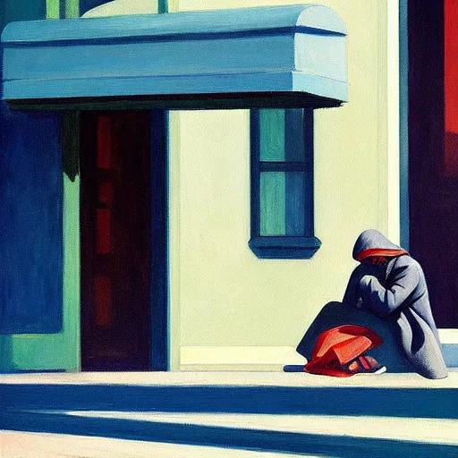 Prompt: painting of a homeless person. by edward hopper and james gilleard