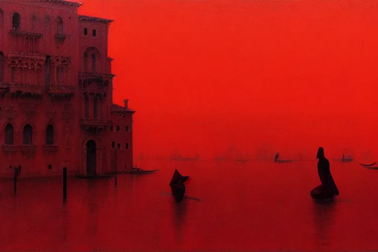 Image similar to only with red, a red dystopic knight, venice, flock of birds in the red sky, in the style of beksinski, parts by edward hopper, parts by rodcenko, parts by yue minjun, intricate and epic composition, red by caravaggio, insanely quality, highly detailed, masterpiece, red light, artstation, 4 k