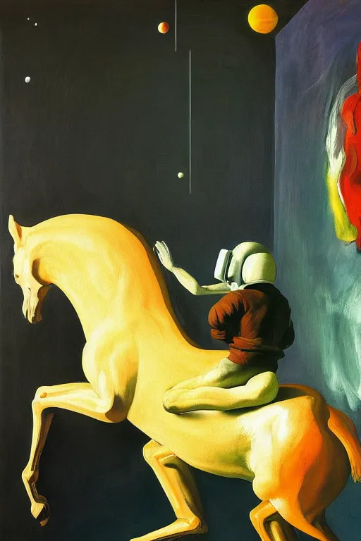 Prompt: a horse sits on a lying astronaut, hauntingly surreal, highly detailed painting by francis bacon, edward hopper, adrian ghenie, gerhard richter, and james jean soft light 4 k,