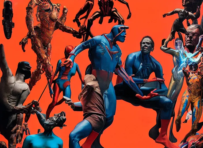 Image similar to a still from the movie avengers : infinty war of francis bacon and norman rockwell and james jean, a still from the movie the fly, and mark brooks, triadic color scheme, by greg rutkowski, syd mead and edward hopper and norman rockwell and beksinski, dark surrealism, orange and turquoise