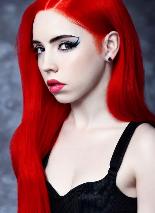 Image similar to ava max bright red hair photographed by charlotte rutherford, canon, highly realistic. high resolution. highly detailed. dramatic. 8 k. 4 k.