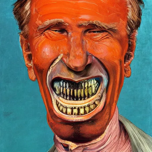 Image similar to high quality high detail painting of a man with large teeth by lucian freud and zdzisław beksinski and francis bacon, hd, smiling man, turquoise and orange