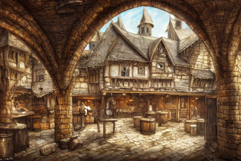 Prompt: A medieval tavern viewed from the inside, texture, intricate, details, highly detailed, masterpiece, architecture, building, trending on artstation, focus, sharp focus, concept art, digital painting, fantasy, sunny, day, midday