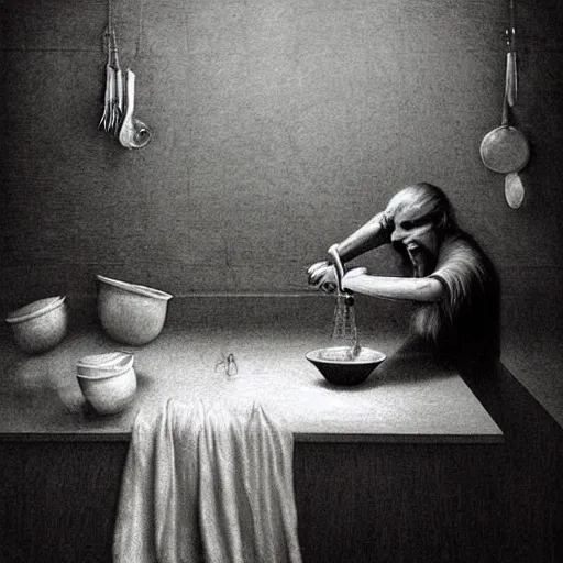 Image similar to Johny Depp washing dishes by Zdzislaw Beksinski