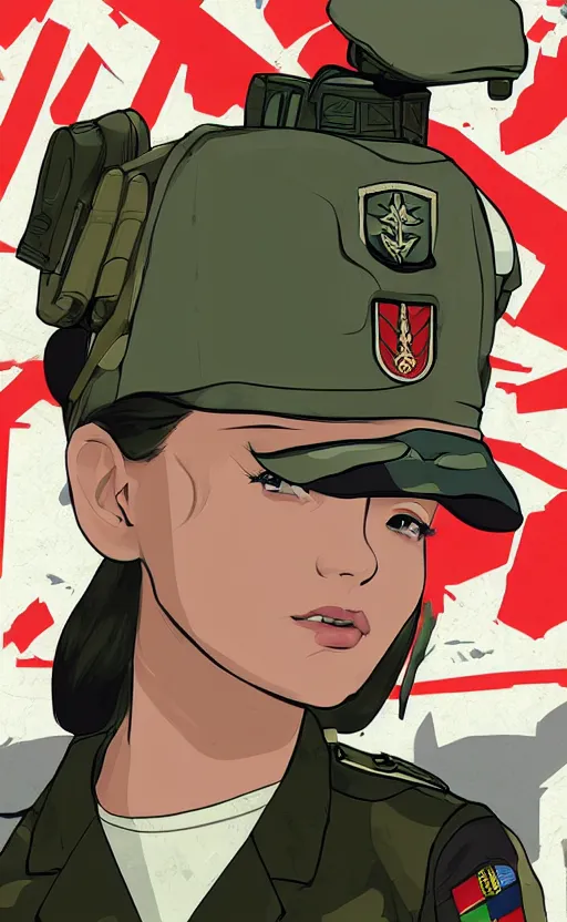 Image similar to T-shirt design, portrait of soldier girl, 2022 anime style, clean logo, graphic templates, flight squadron insignia, no text, soldier clothing, realistic military gear, inspired by shirt designer, made in blender, no background, vector line art, by ilya kuvshinov, trending on teemill, symbology, realistic human anatomy, high resolution, matte, empty hands, realistic military carrier