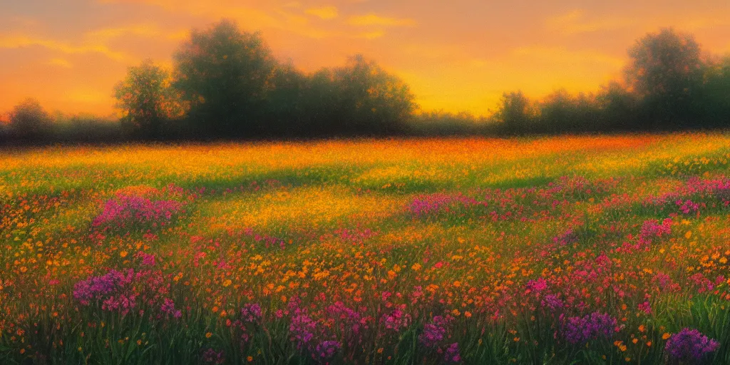 Prompt: oil painting, landscape, flowers field. golden hour. pastel colors. matte painting, 4k