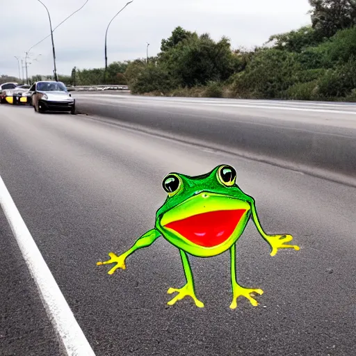 Image similar to anthropomorphic frog protesting on a freeway