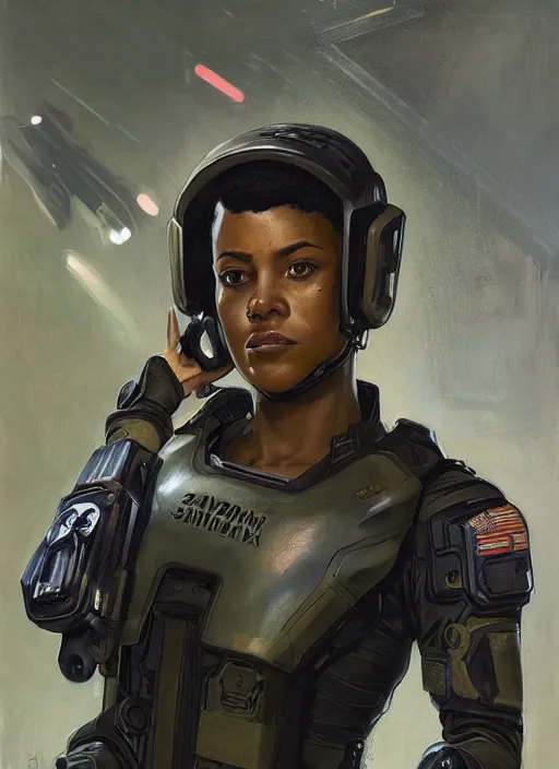 Prompt: Sgt. Sonya Igwe. Strong cyberpunk female USN marine wearing a military vest and military cyberpunk exo-suit (cyberpunk 2077, bladerunner 2049). gorgeous face. Iranian orientalist portrait by john william waterhouse and Edwin Longsden Long and Theodore Ralli and Nasreddine Dinet, oil on canvas. Cinematic, hyper realism, realistic proportions, dramatic lighting, high detail 4k