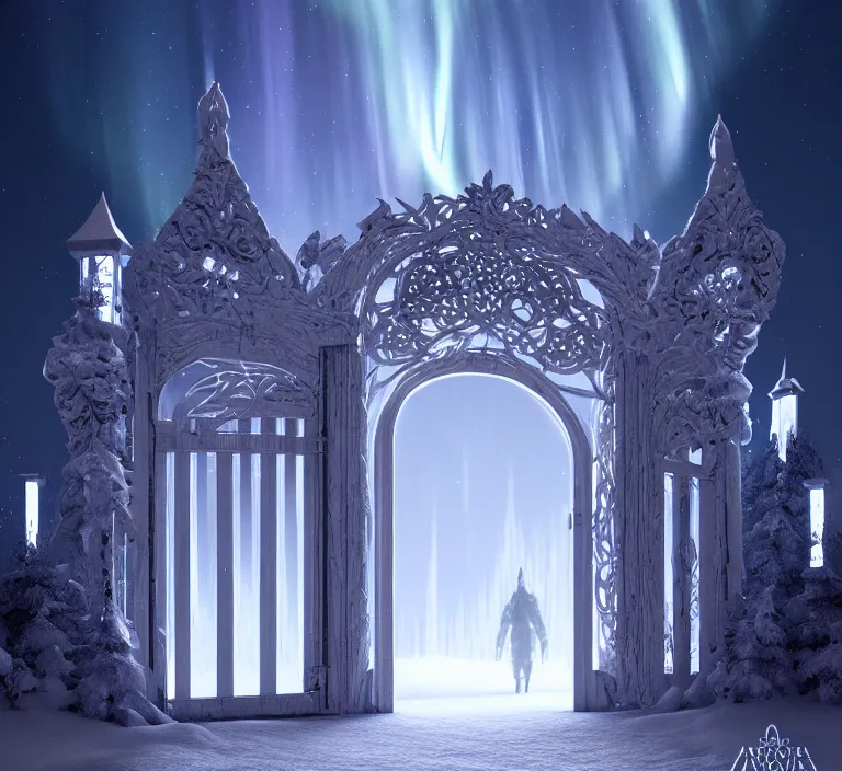 Image similar to a very detailed concept art of intricate and scandinavian white gates to aurora borealis infused with lights, trending on artstation, symmetry, digital art, 4 k, hyper realistic, octane render, sharp focus