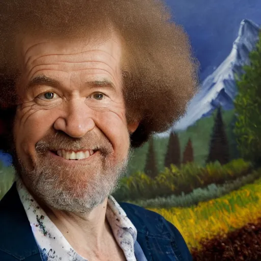 Prompt: a closeup photorealistic photograph of bob ross holding a paintbrush and diligently finishing a canvas painting of massimo bottura. mountains and trees. film still. brightly lit scene. this 4 k hd image is trending on artstation, featured on behance, well - rendered, extra crisp, features intricate detail, epic composition and the style of unreal engine.