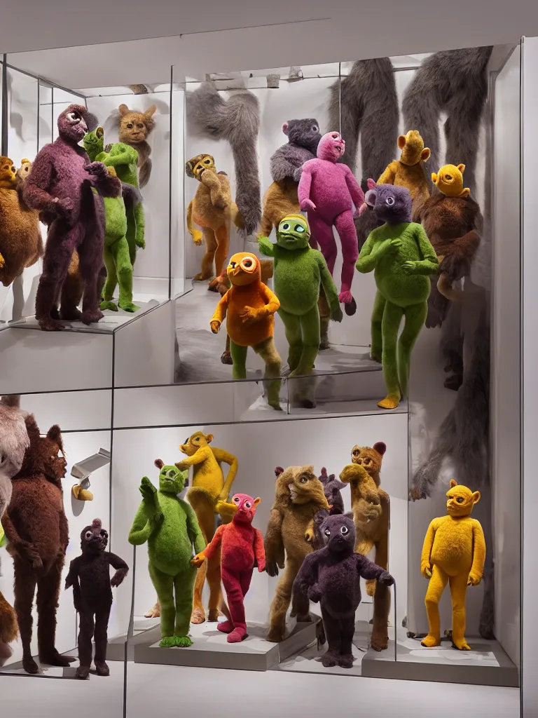 Image similar to diorama windowstore vitrine at the american museum of natural history, new york, of very realistic dissected teletubbies as furry animals, photography portrait aesthetic by guy bourdin