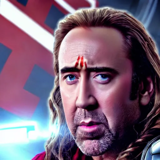 Image similar to film still of Nic Cage as Thor in Avengers Endgame