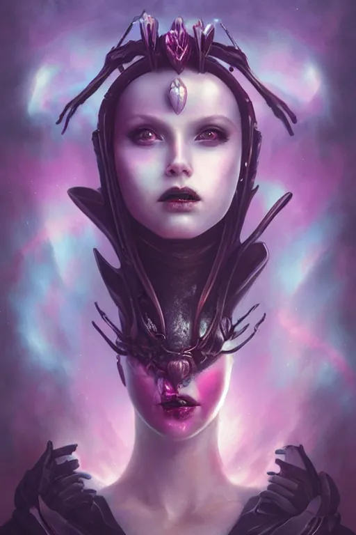 Image similar to a dramatic lighting photo of an elegant alien queen, vaporwave colors, goth vibe, kawaii vibe, moody aesthetic, artgerm, tom bagshaw, gerald brom,