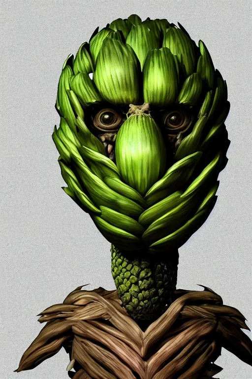 Prompt: humanoid figure with an artichoke head, highly detailed, digital art, sharp focus, trending on art station, monster, glowing eyes, anime art style