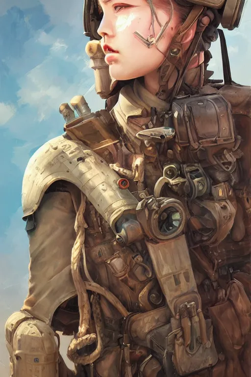 Image similar to portrait of dieselpunk blackpink jisoo soldier girl, helmet, desert, armored, highly detailed, digital painting, face detail, sharp focus, art, illustrations by irakli nadar and loish and ayanamikodon and rossdraws and wlop