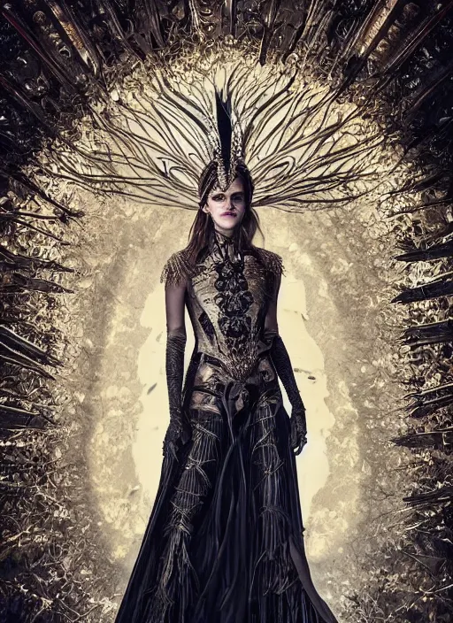 Image similar to expressive full body photo of a emma watson, headpiece made from knives, dress made of swords, glamour shot, by karol bak, by stefan gesell, photorealistic, canon r 3, fashion photography, hyper maximalist, elegant, ornate, luxury, elite, environmental portrait, symmetrical features, octane render, unreal engine, solid dark grey background, dramatic lights