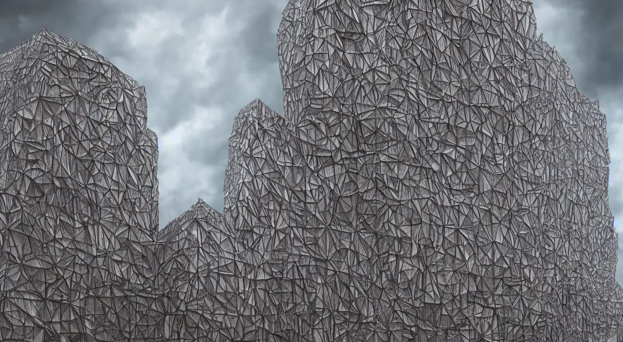 Prompt: intricate fractal patterned building facade using wood and glass, in new york city with a cloudy dramatic sky, hyperrealism, 4 k octane render, photorealistic concept art, highly detailed