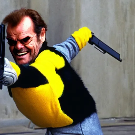 Image similar to Jack Nicholson plays Terminato and he shoots Pikachu, yellow fur explodes